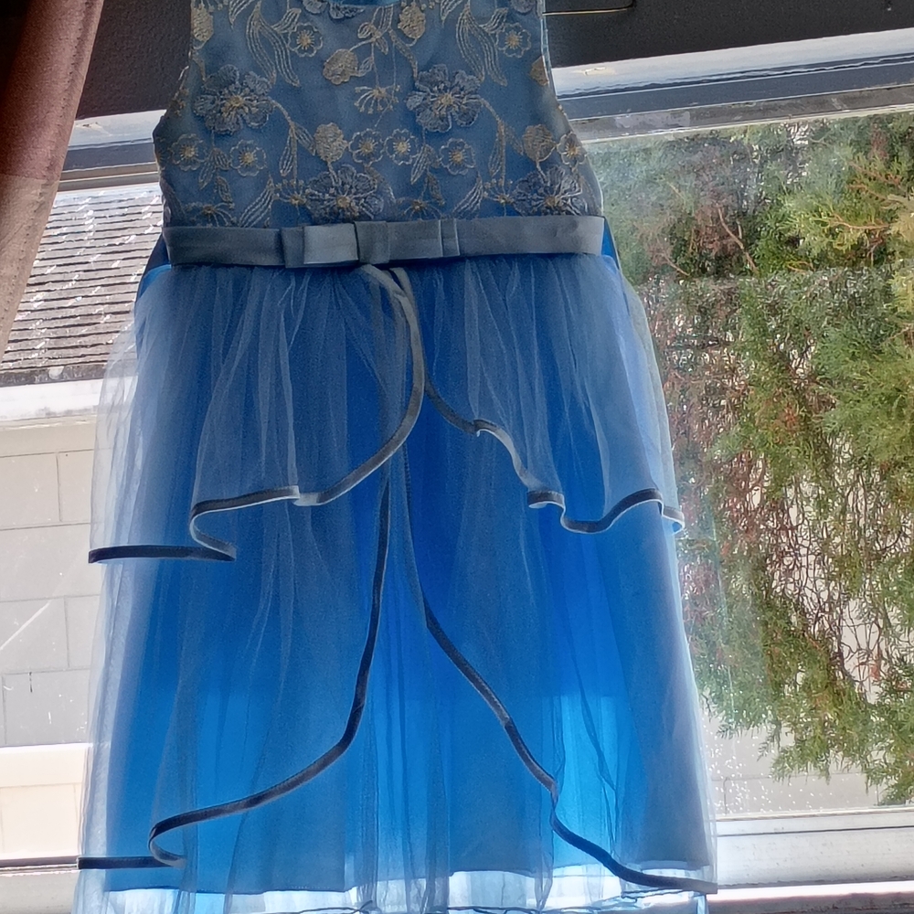 Girls' Royal Blue Floral Tulle Party Dress with Bow Waist